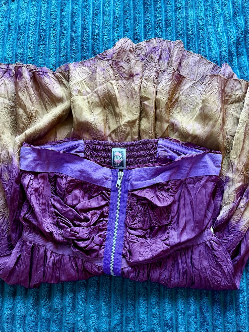 Free People Purple Gold Crinkled Strapless Zipper Mini Dress SZ 4